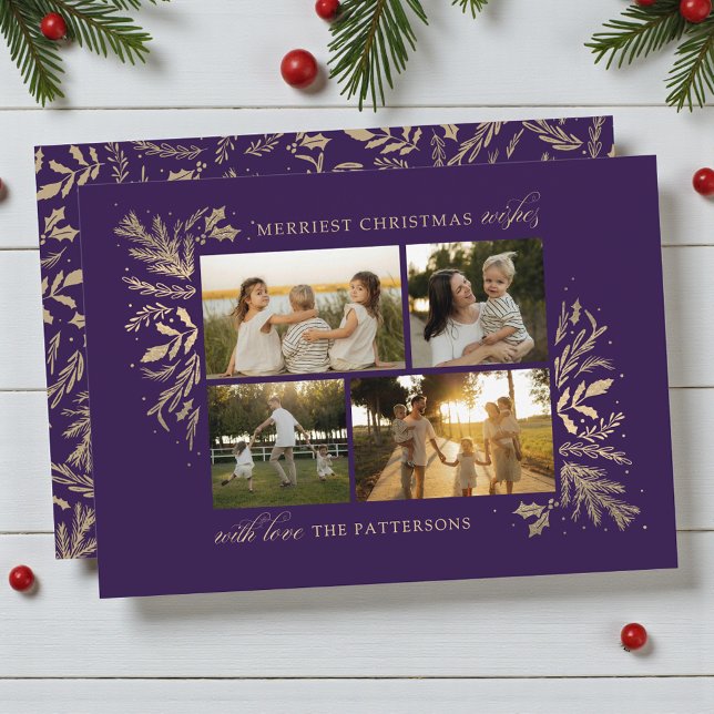 Merriest Christmas Wishes 4 Photo Botanical Floral Holiday Card (Creator Uploaded)