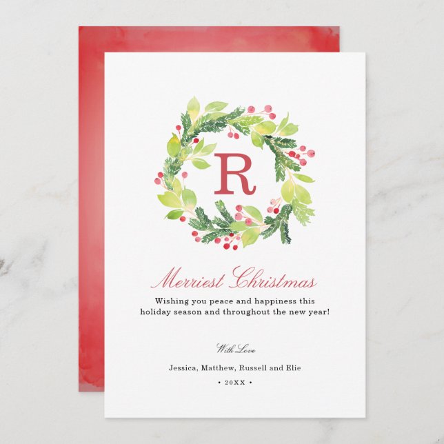 Merriest Christmas Wreath Monogram Holiday Card (Front/Back)