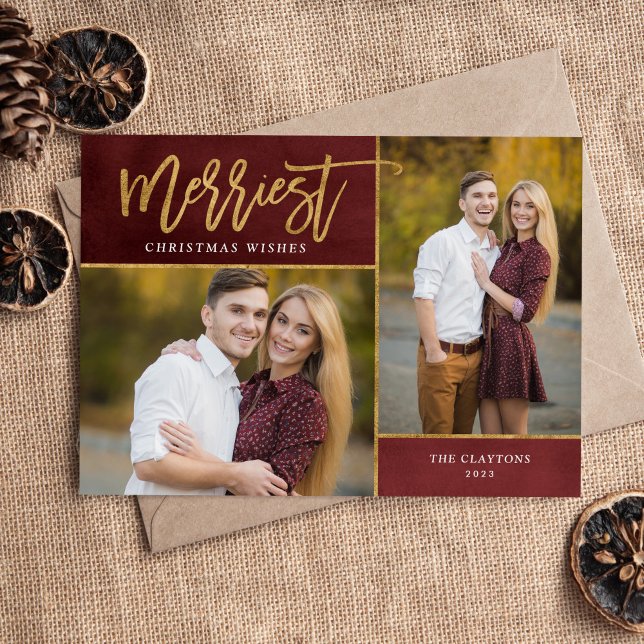 Merriest Faux Foil 2 Photo Magnetic Christmas Card (Creator Uploaded)