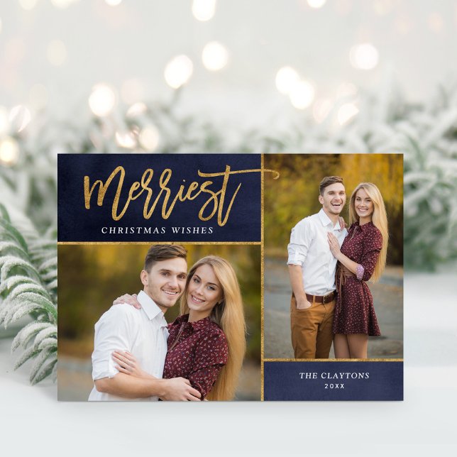 Merriest Faux Gold Foil 2 Photo Christmas Holiday Card (Creator Uploaded)