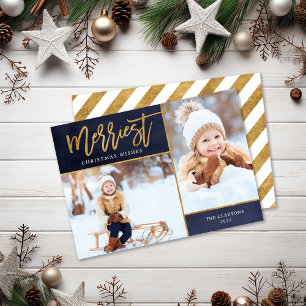 Merriest Faux Gold Foil 2 Photo Flat Holiday Card