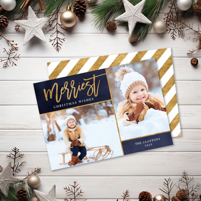 Merriest Faux Gold Foil 2 Photo Flat Holiday Card (Creator Uploaded)