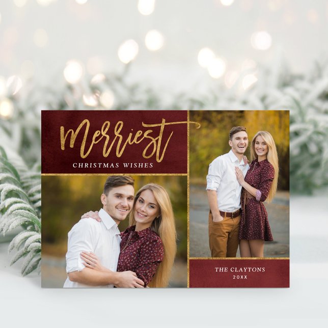 Merriest Faux Gold Foil 2 Photo Folded Holiday Card (Creator Uploaded)