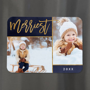 Merriest Faux Gold Foil 2 Photo Holiday Magnet