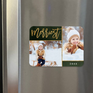 Merriest Faux Gold Foil 2 Photo Holiday Magnet