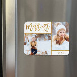 Merriest Faux Gold Foil 2 Photo Holiday Magnet<br><div class="desc">Custom printed holiday photo magnets with simple templates for customisation. This elegant design features a 2 photo collage layout on a white background. Modern calligraphy script text says Merriest in faux gold foil. Personalise it with your own pictures, and add the year or other custom text below. Please note that...</div>