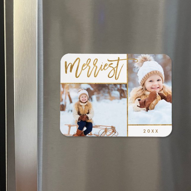 Merriest Faux Gold Foil 2 Photo Holiday Magnet (Creator Uploaded)