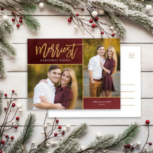 Merriest Faux Gold Foil 2 Photo Holiday Postcard