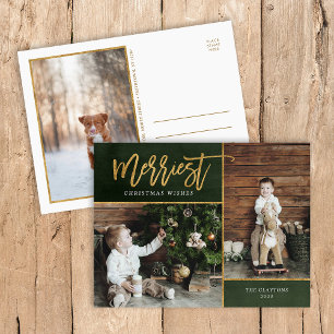 Merriest Faux Gold Foil 3 Photo Holiday Postcard