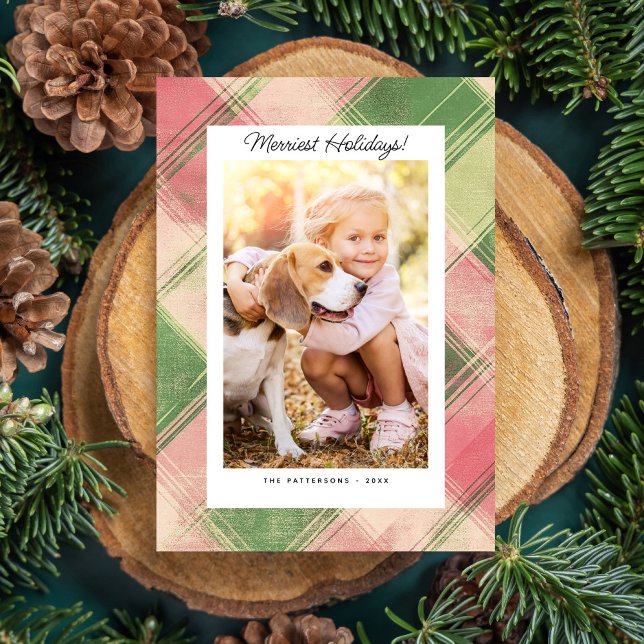 Merriest Holiday Photo Festive Pink Green Plaid (Creator Uploaded)