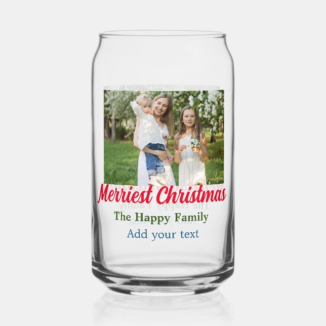 Merriest joyful christmas holiday add family name  can glass (Front)