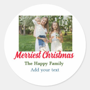 Merriest joyful christmas holiday add family name  classic round sticker