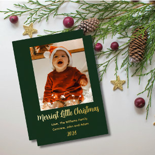 Merriest little christmas gold foil green holiday card