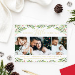 Merriest Little Christmas Photo Collage with Gold Foil Holiday Card<br><div class="desc">Elegant "Merriest Little Christmas" birth announcement holiday card includes a collage of three photo spaces and custom real gold foil text that can be personalised to announce the arrival of your new baby boy or girl. Includes a white background with green watercolor painted greenery sprigs and red berries. This design...</div>