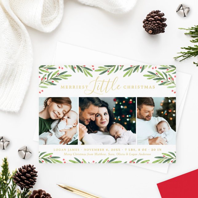 Merriest Little Christmas Photo Collage with Gold Foil Holiday Card (Creator Uploaded)