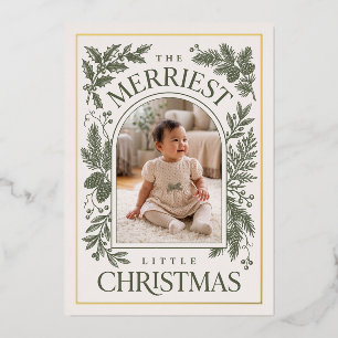 Merriest Little Christmas Vintage Botanical Green Foil Holiday Card