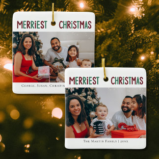 Merriest Merry Christmas Red Family Photo Keepsake Ceramic Ornament