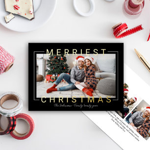 Merriest Modern Gold Text Black Photo  Foil Holiday Card