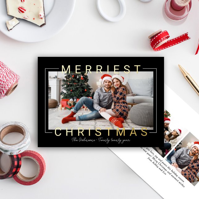Merriest Modern Gold Text Black Photo Foil Holiday Card (Creator Uploaded)