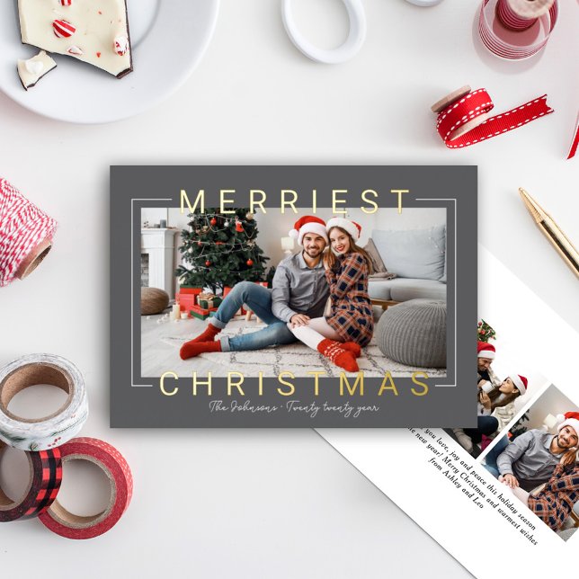 Merriest Modern Gold Text Charcoal Grey Photo Foil Holiday Card (Creator Uploaded)
