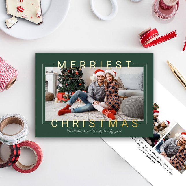Merriest Modern Gold Text Green Photo Foil Holiday Card (Creator Uploaded)