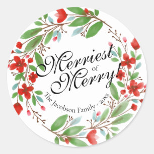 Merriest of Merry Watercolor Floral Christmas Classic Round Sticker