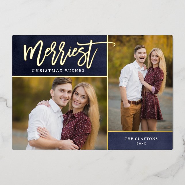 Merriest Real Gold Foil 2 Photo Christmas Foil Holiday Card (Front)