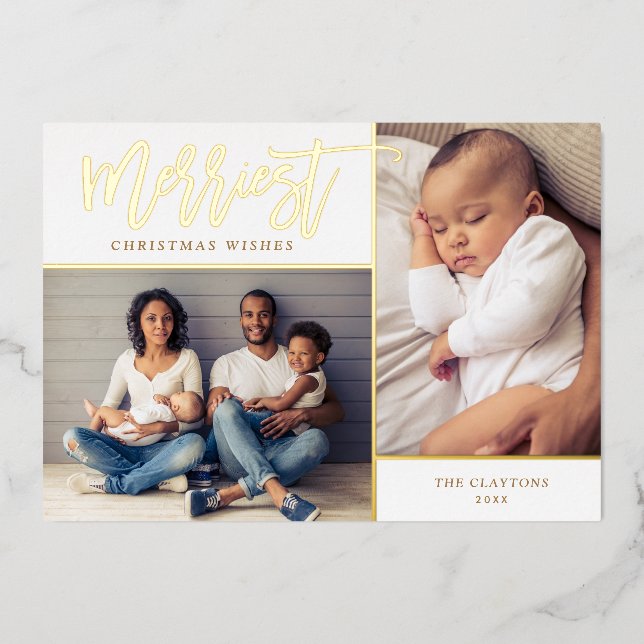 Merriest Real Gold Foil 2 Photo Christmas Foil Holiday Card (Front)