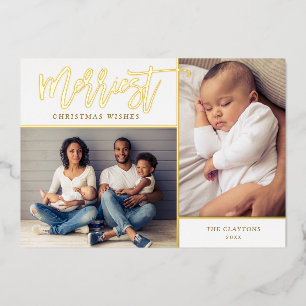 Merriest Real Gold Foil 2 Photo Christmas Holiday Card