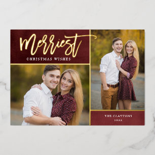 Merriest Real Gold Foil 2 Photo Christmas Holiday Card