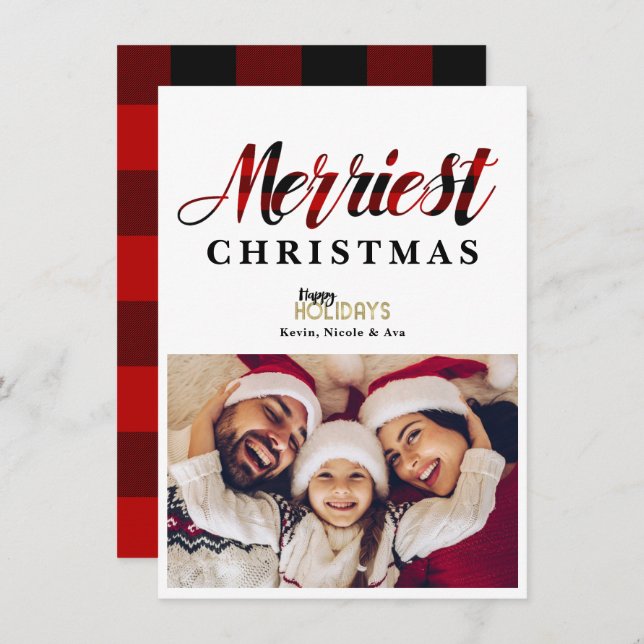 MERRIEST Red Plaid Christmas Holiday Photo Card (Front/Back)