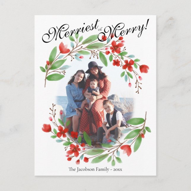 Merriest Red Watercolor Floral Christmas Photo Holiday Postcard (Front)
