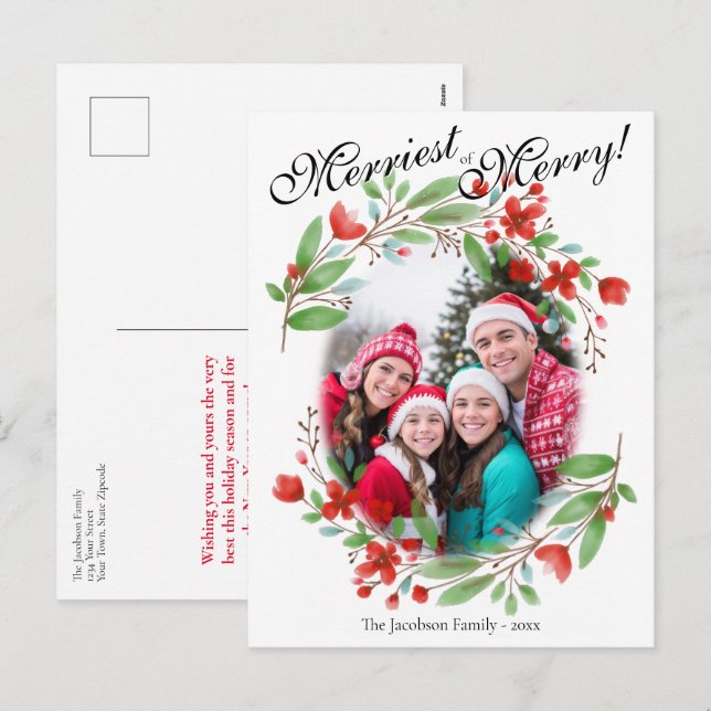Merriest Red Watercolor Floral Christmas Photo Holiday Postcard (Front/Back)
