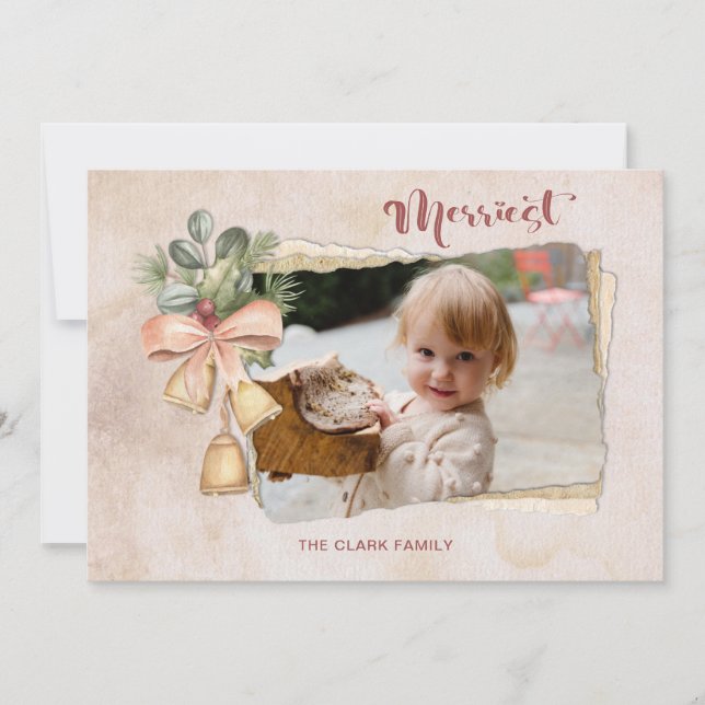 Merriest Script & Flowers/Torn Antique Paper Photo Holiday Card (Front)