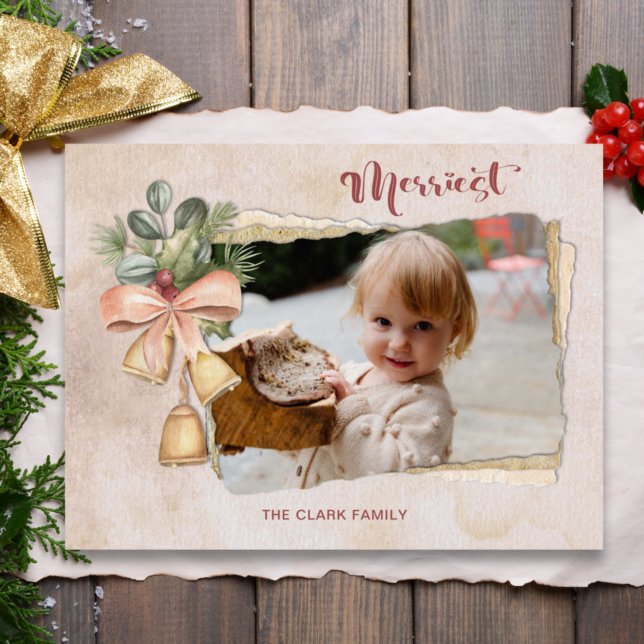 Merriest Script & Flowers/Torn Antique Paper Photo Holiday Postcard (Creator Uploaded)