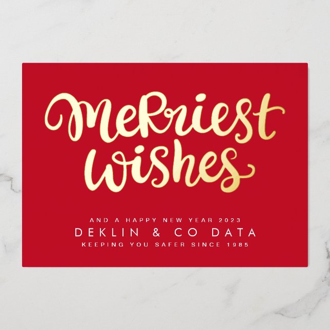 Merriest Wishes on Red Premium | Gold Corporate Foil Holiday Card (Front)