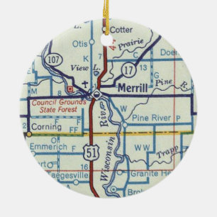 Merrill WI Map Ceramic Tree Decoration