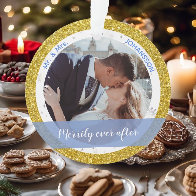 Merrily ever after 1st Xmas as Mr and Mrs 2 Photos Ornament (Our First Christmas as Mr. and Mrs. Elegant Merrily Ever After Golden Glitter 2 Photos Snowflakes)