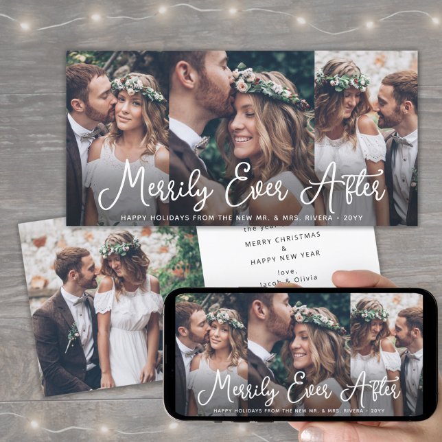 Merrily Ever After 4 Photo Newlyweds 1st Christmas Holiday Card (Creator Uploaded)