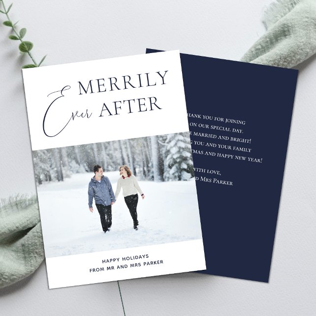 Merrily Ever After Blue Script Christmas Photo Holiday Card (Creator Uploaded)