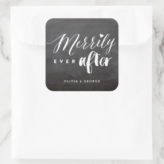 Merrily Ever After Chalkboard Holiday Wedding Square Sticker (Bag)