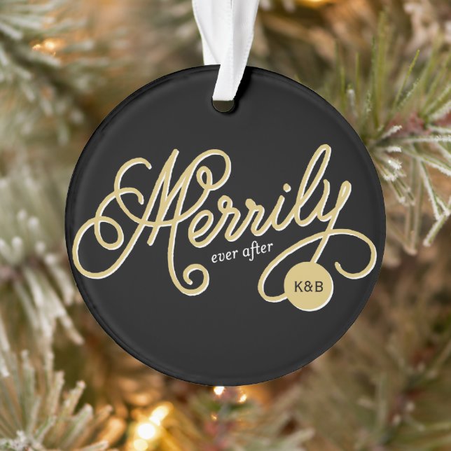 Merrily Ever After Curly Script Christmas Photo Ornament (Tree)