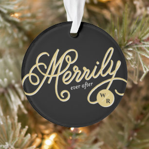 Merrily Ever After Curly Script Christmas Photo Ornament