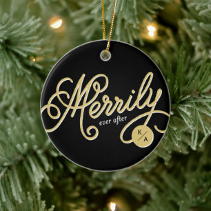 Merrily Ever After Curly Script Photo Christmas Ceramic Tree Decoration