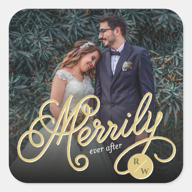 Merrily Ever After Gold Curly Script Photo Wedding Square Sticker (Front)