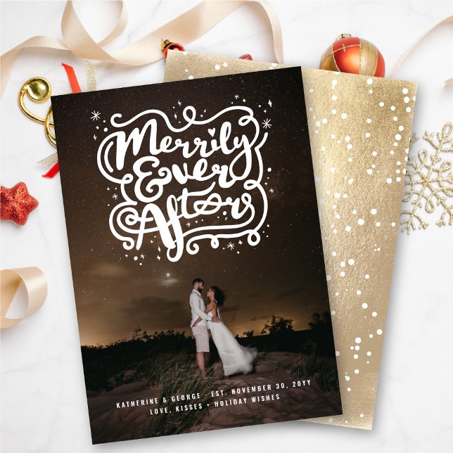 Merrily Ever After Knot & Sparkles Photo Wedding  Holiday Card (Creator Uploaded)
