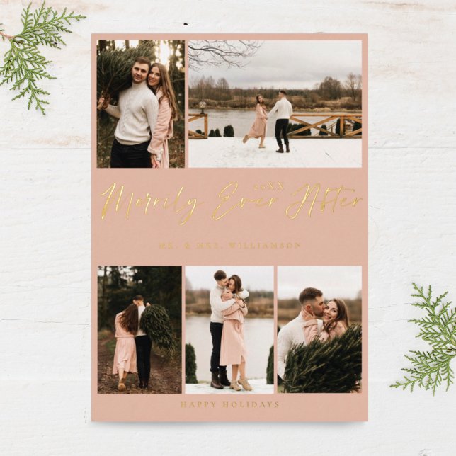 Merrily Ever After Minimal 5 Photo Collage Foil Holiday Card (Creator Uploaded)