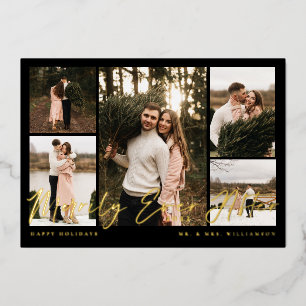 Merrily Ever After Minimal 5 Photo Collage Foil Holiday Card