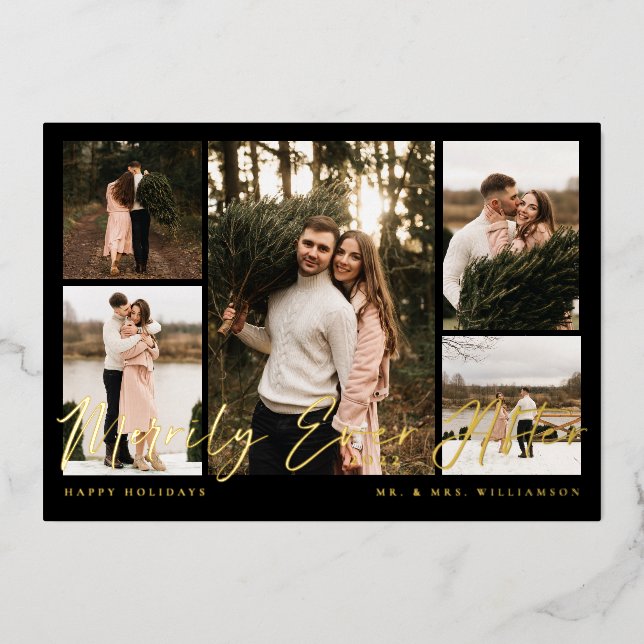 Merrily Ever After Minimal 5 Photo Collage Foil Holiday Card (Front)