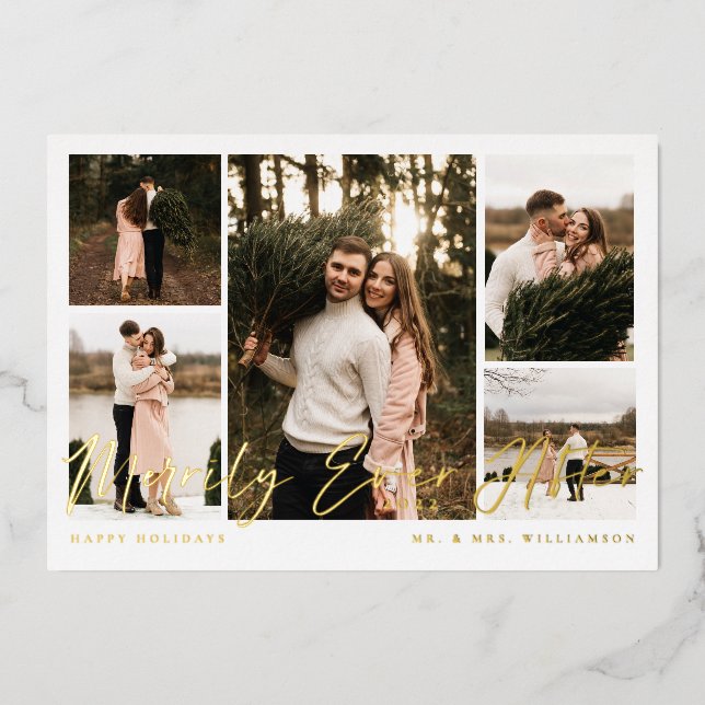 Merrily Ever After Minimal 5 Photo Collage Foil Holiday Card (Front)